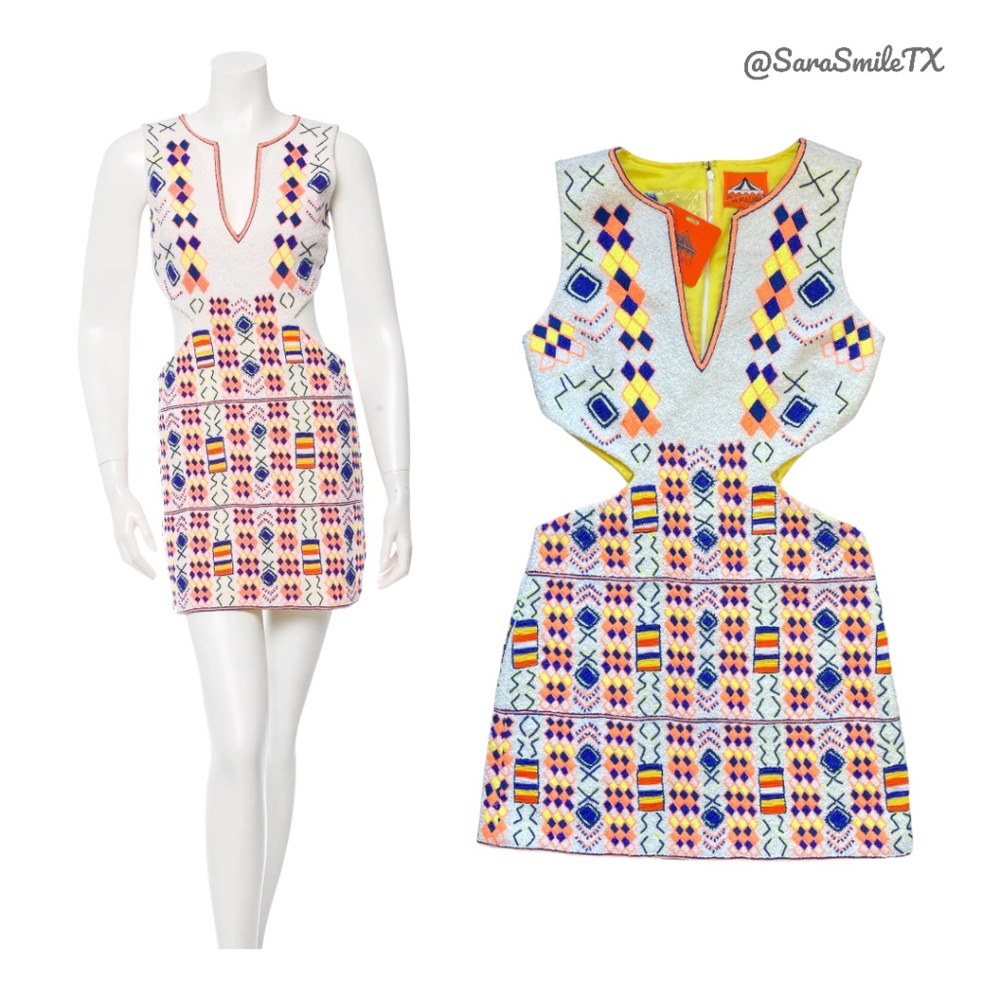PIA PAURO Designer Colorful Hand Beaded Cutout Sleeveless Mini Dress - NWT